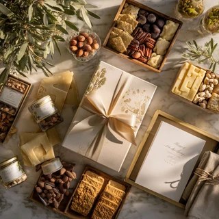 The Grand Berline — a marble-table spread of keepsake gift boxes